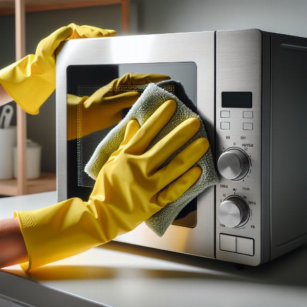 A person carefully wiping the inside of a clean, compact microwave oven with a soft cloth for dorm room hygiene