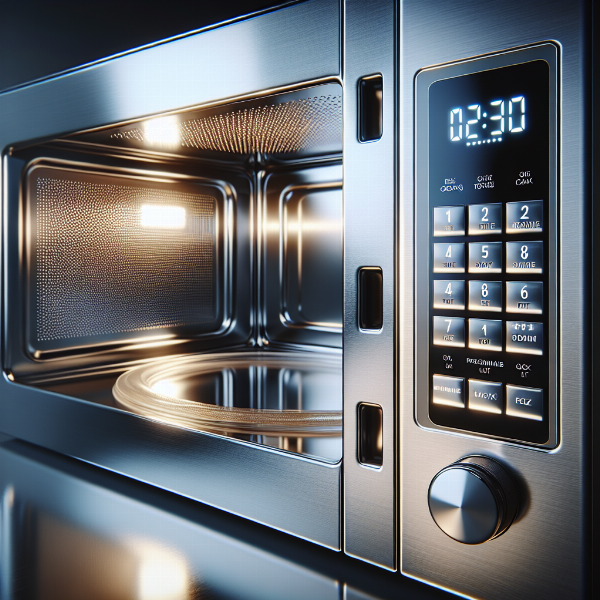 A detailed close-up shot of a modern commercial microwave oven's interior and control panel, highlighting its stainless steel construction and programmable buttons.