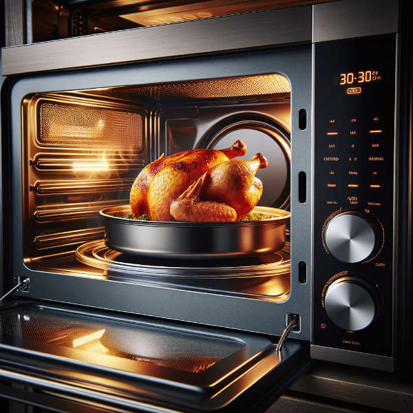 A delicious golden-brown roasted chicken being cooked inside a versatile convection microwave oven