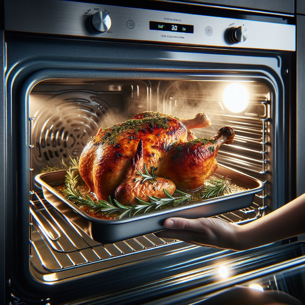 A delicious golden-brown roasted chicken coming out of a conventional oven, showcasing perfect baking results.