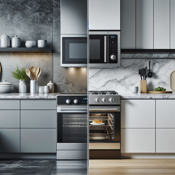 A visual comparison showing a countertop microwave oven and an over-the-range microwave installed above a stove.