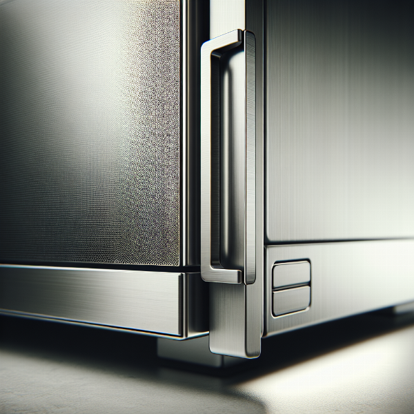 A detailed shot of a durable microwave oven's stainless steel construction and solid door hinge, highlighting its long-lasting build quality.