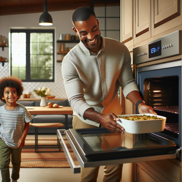 A happy family using a large, modern LG LMV2031ST microwave oven to reheat a meal in their bright, clean kitchen.