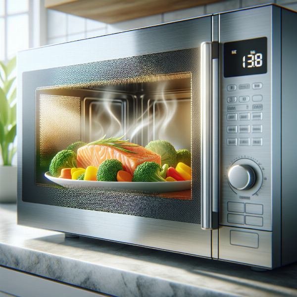 A modern microwave oven using steam to cook a healthy meal of vibrant vegetables and salmon fillet.