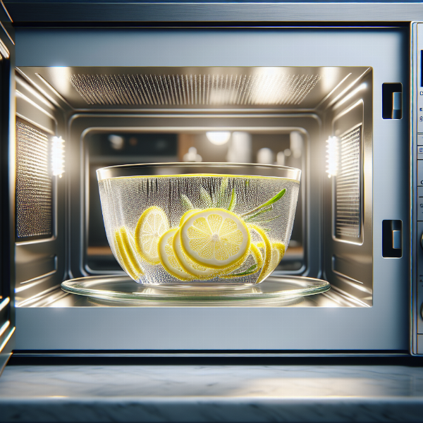 The inside of a microwave with a glass bowl of water and lemon slices, creating steam to loosen food splatters for easy cleaning.