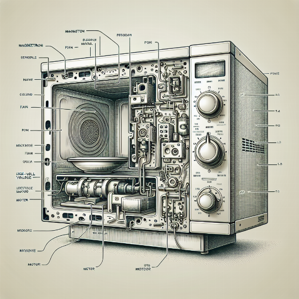An exploded view of a microwave's internal parts like the magnetron and cooling fan, which can explain why your microwave oven is noisy.