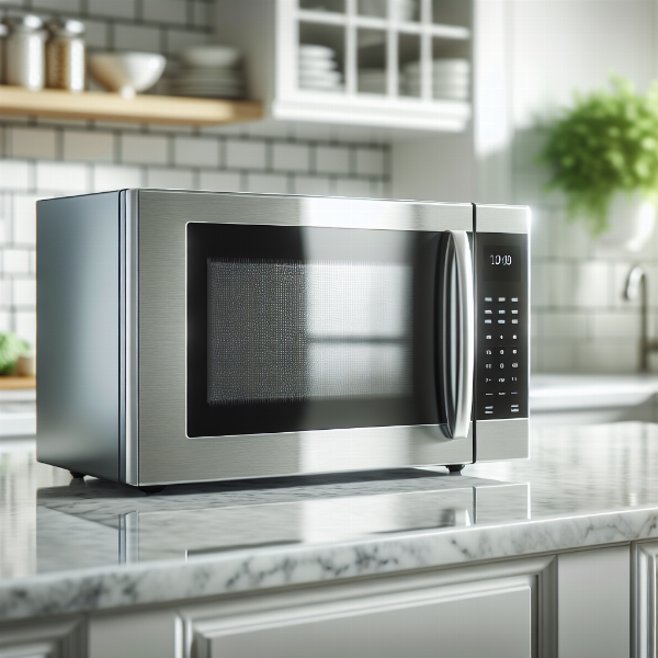 A long-lasting stainless steel microwave oven sitting on a clean kitchen counter, ready for use in a modern home.