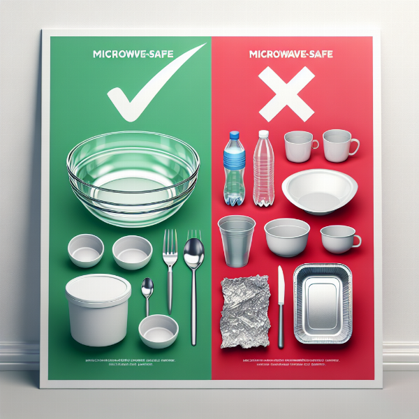 A side-by-side comparison showing microwave-safe containers like glass bowls and ceramic plates next to unsafe items like a metal fork and a styrofoam cup.