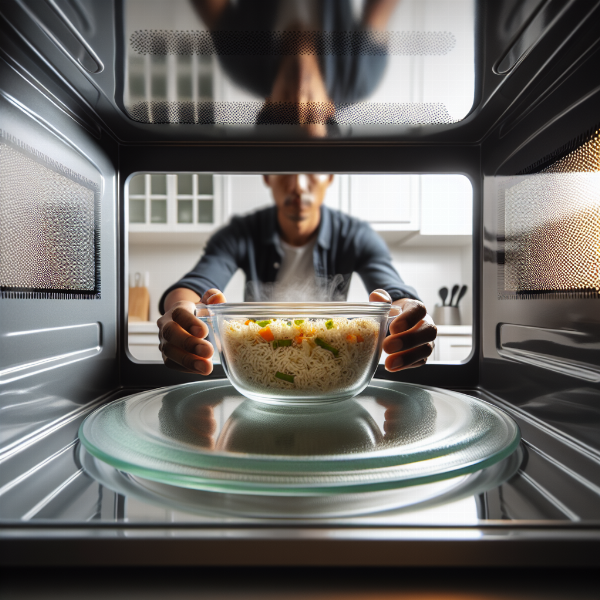A person safely placing a microwave-safe glass container into a microwave oven, illustrating one of the cons and safety precautions to consider.