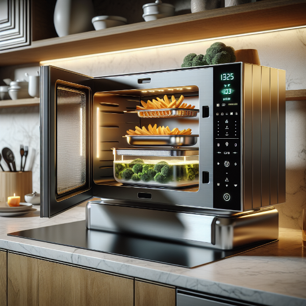 A multi-functional microwave oven in 2025 air frying crispy french fries and steaming vegetables