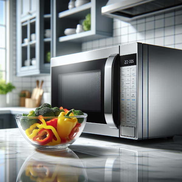 A sleek stainless steel Panasonic microwave oven under 0 sits on a modern kitchen countertop next to a bowl of fresh vegetables