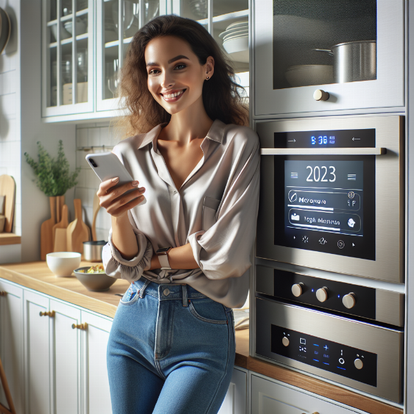 A happy person conveniently using a smartphone to control their latest model 2025 microwave.