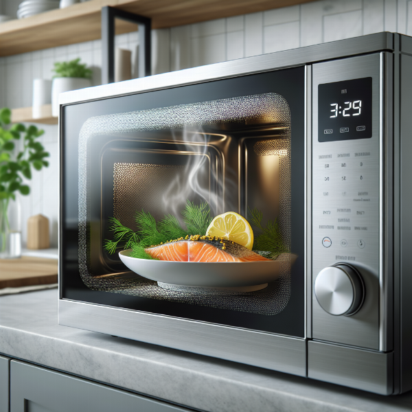 A modern high-wattage microwave oven displaying its power by perfectly cooking a delicious gourmet salmon dish.
