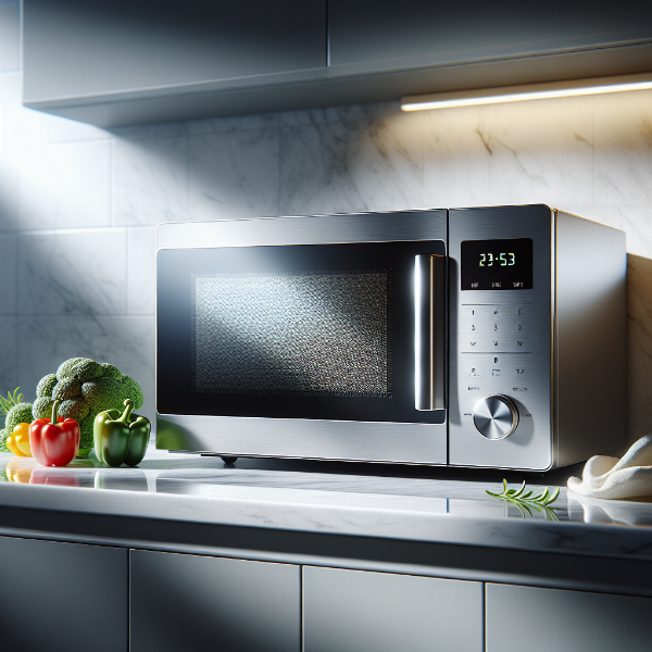 A sleek stainless steel premium microwave oven with convection and air fry functions displayed on a modern kitchen counter.