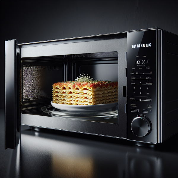 A Samsung countertop microwave oven with a ceramic enamel interior, showing a plate of food being reheated.