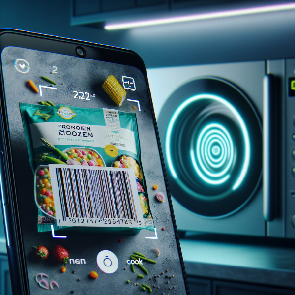 A user's hand holding a smartphone to scan a barcode on a frozen pizza box, with a smart microwave oven with voice control in the blurred background.