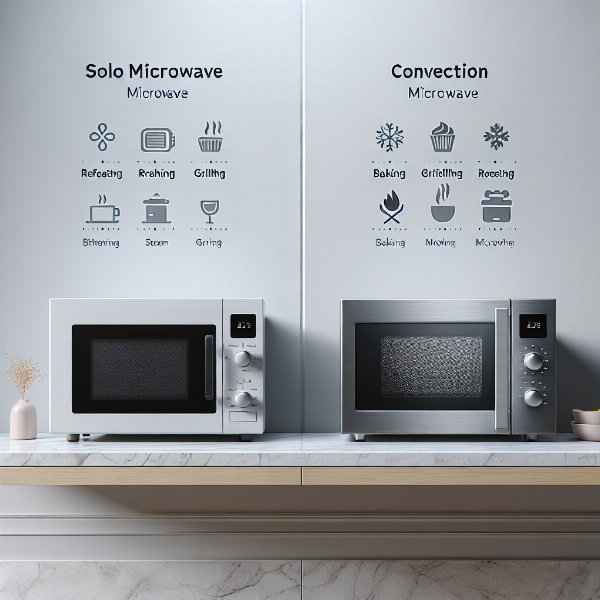 A visual comparison of a basic solo microwave oven versus a versatile convection microwave oven.