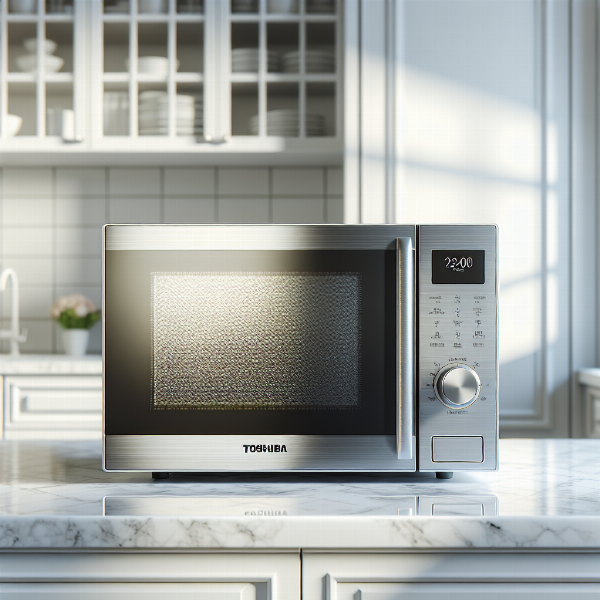 A stylish and efficient Toshiba EC042A5C-SS microwave oven with a stainless steel finish in a modern kitchen.