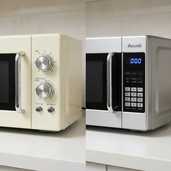 Side-by-side comparison of an Avanti microwave with mechanical dials and one with an electronic touchpad.