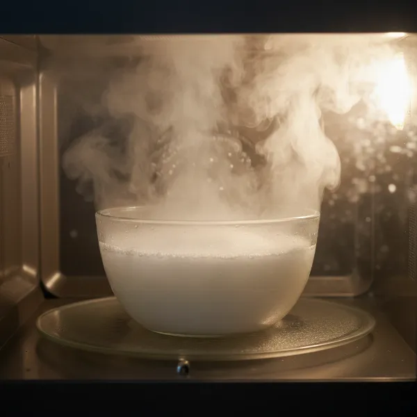 Microwave-safe bowl with baking soda and water steaming inside a microwave