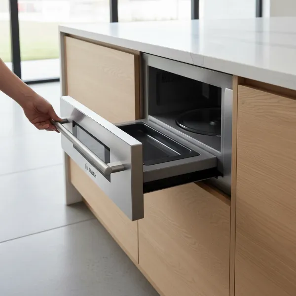 Bosch 800 Series drawer microwave open, stainless steel, integrated into modern kitchen cabinetry.