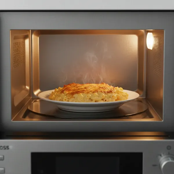 Food cooking inside a Bosch 800 Series drawer microwave with sensor cooking feature active.