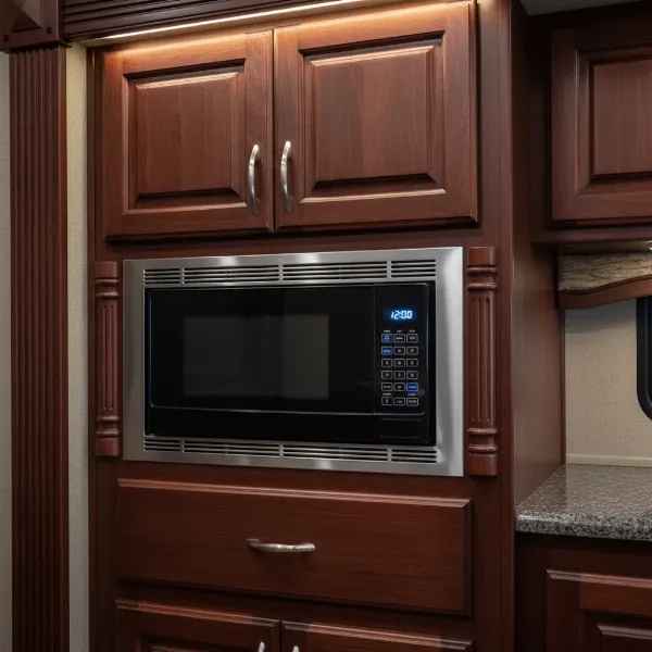 A securely installed built-in microwave oven integrated seamlessly into an RV's custom cabinetry.