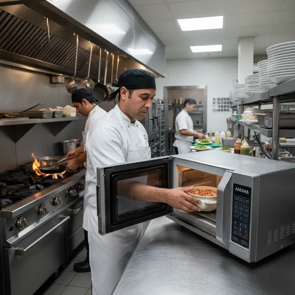 Chef using an Amana commercial microwave in a busy, modern commercial kitchen.