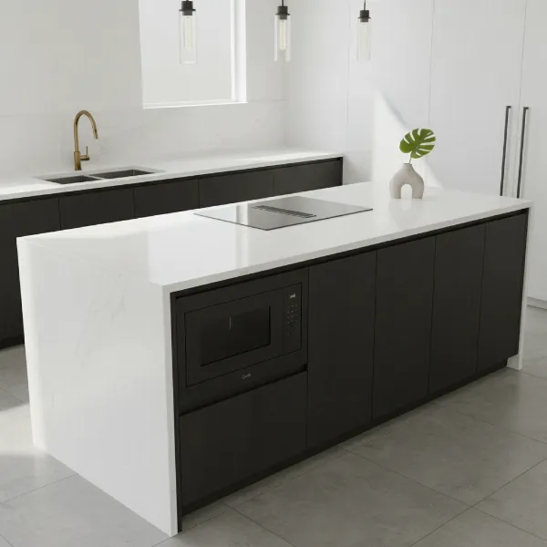 Cafe built-in microwave drawer integrated into a sleek modern kitchen island.
