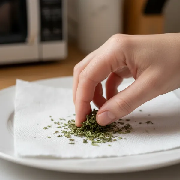 A hand gently checking crispy, microwave-dried herbs on a paper towel, illustrating the final stage of dehydration.