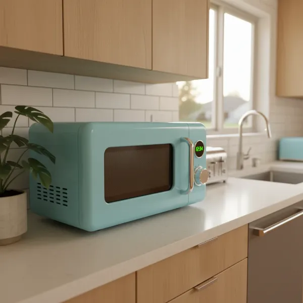 A stylish retro microwave in a vintage kitchen setting, showcasing its unique design and color.