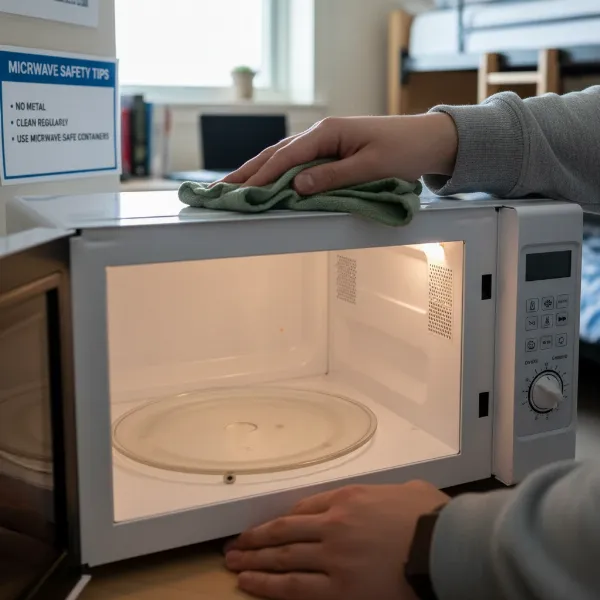 Person cleaning the interior of a microwave in a dorm, emphasizing safety and hygiene.