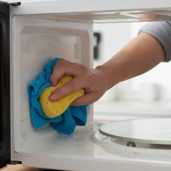 Person cleaning microwave interior with sponge and cloth to remove food.
