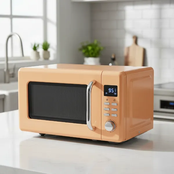 Comfee retro microwave in a modern kitchen with vibrant color and chrome accents.