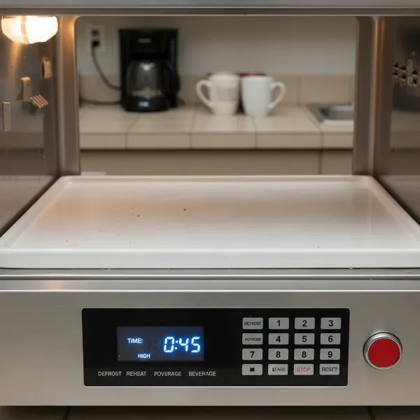 Commercial microwave oven with a flat ceramic base and a programmable digital control panel.