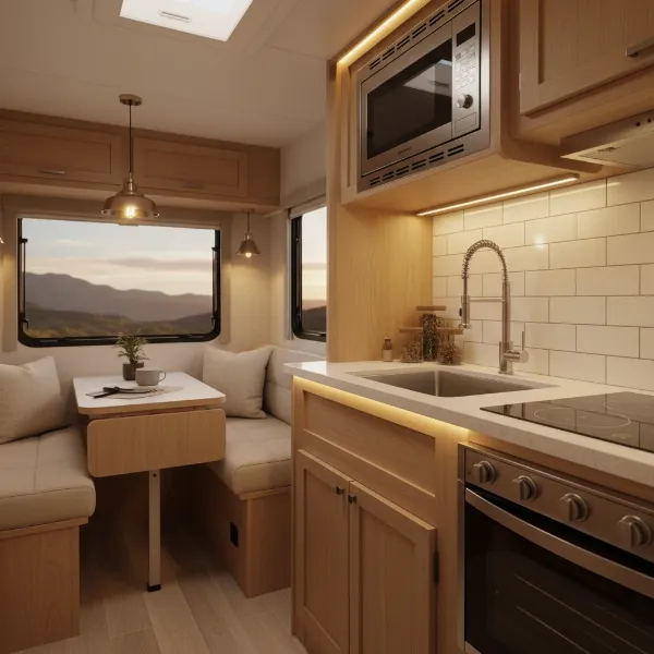 A compact microwave oven perfectly integrated into a modern RV kitchen interior with wooden cabinets.
