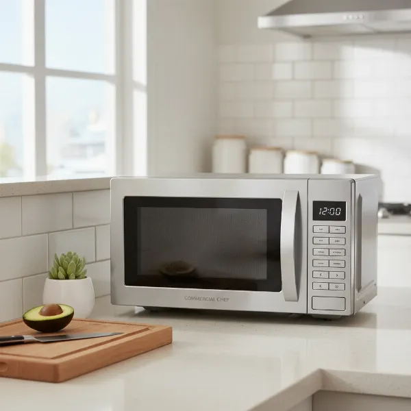 A compact Commercial Chef microwave fitting perfectly in a small modern kitchen with limited counter space.
