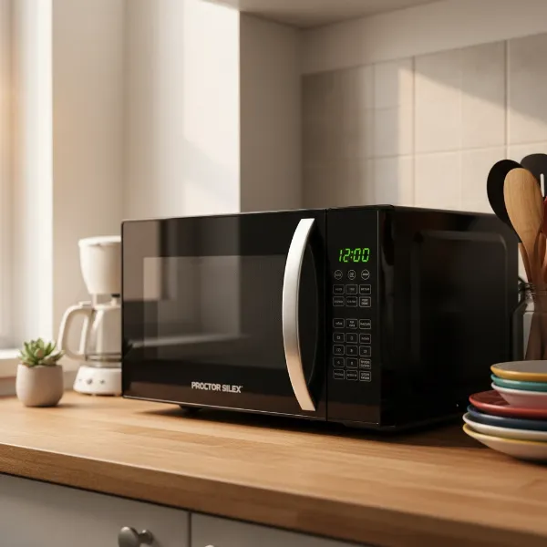 Compact Proctor Silex microwave on a small kitchen counter, ideal for limited space.