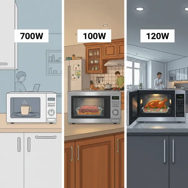 Three different microwave ovens, each labeled with 700W, 1000W, and 1200W, showing their typical use.