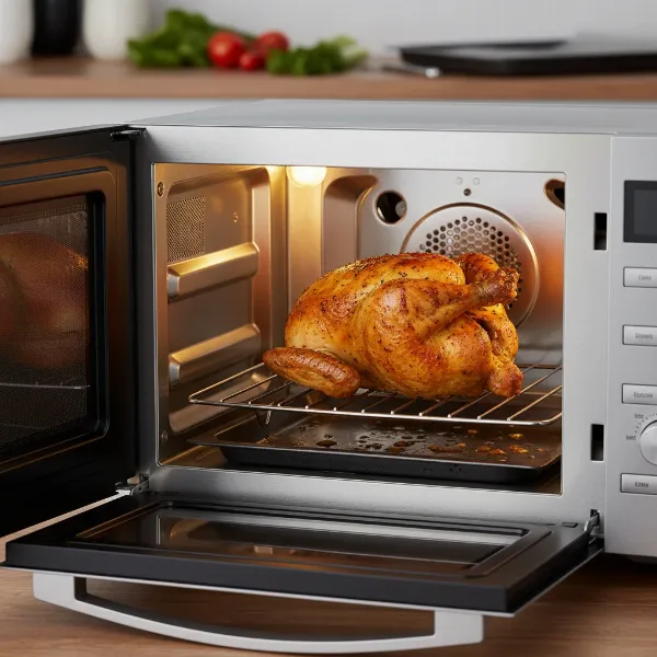 A versatile convection microwave oven browning a roast chicken inside, demonstrating baking capabilities.