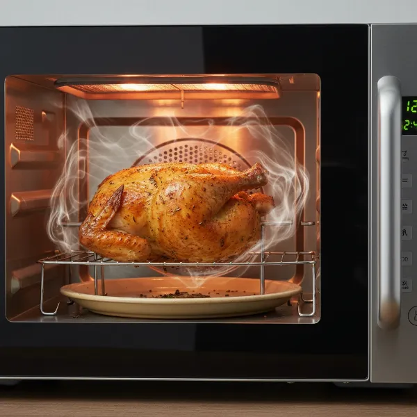 Convection microwave cooking a variety of foods, demonstrating baking, roasting, and grilling.