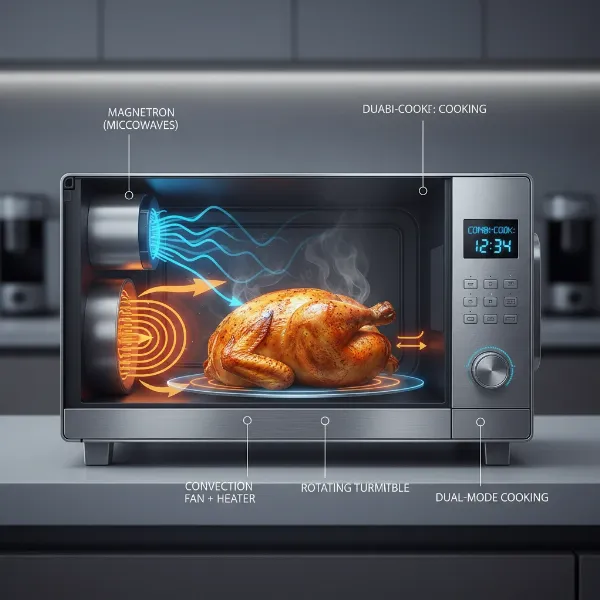Illustration of a modern convection microwave showing both microwave and convection heating elements at work.