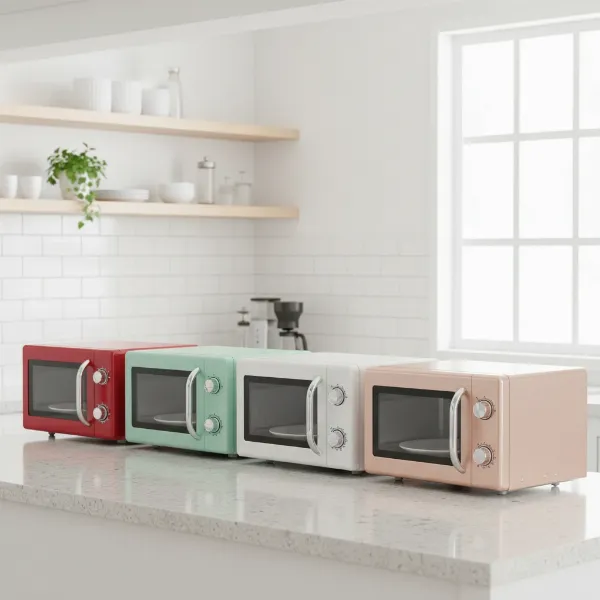 vibrant costway retro countertop microwave in red, mint, white, rose gold on kitchen counter