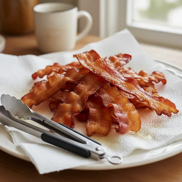 Crispy golden-brown bacon strips resting on fresh paper towels, draining excess grease.