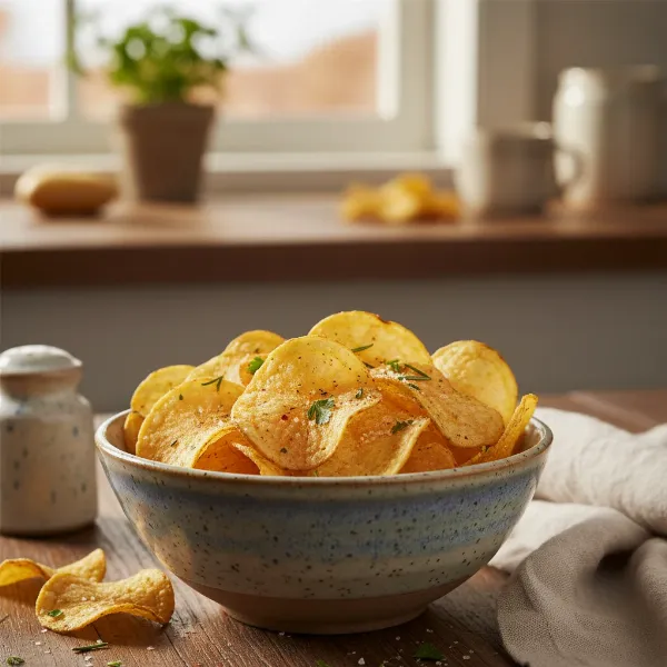 A bowl of golden, crispy, oil-free microwave potato chips, lightly seasoned and ready to eat.