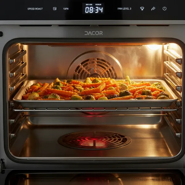 Dacor speed oven cavity with food being cooked using convection technology