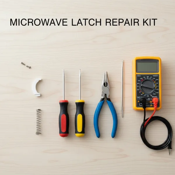 Essential tools and replacement parts for DIY microwave door latch repair.