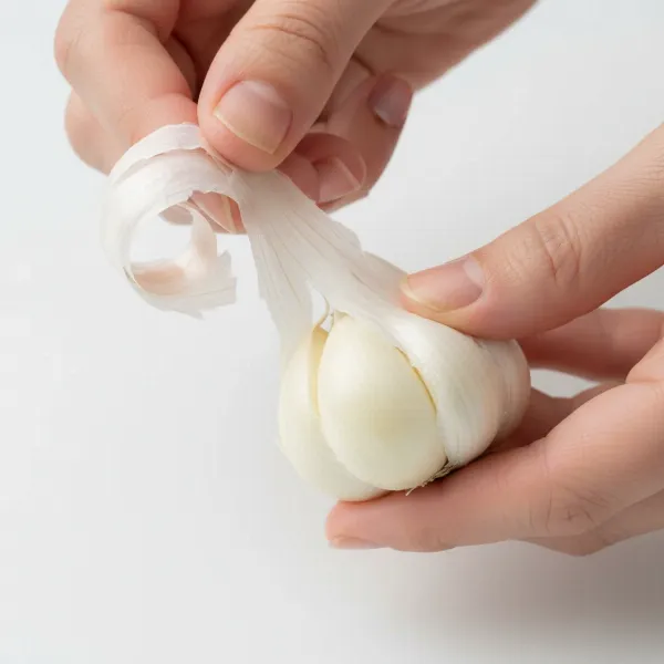 Hand easily peeling a garlic clove after being microwaved, highlighting the loose skin.