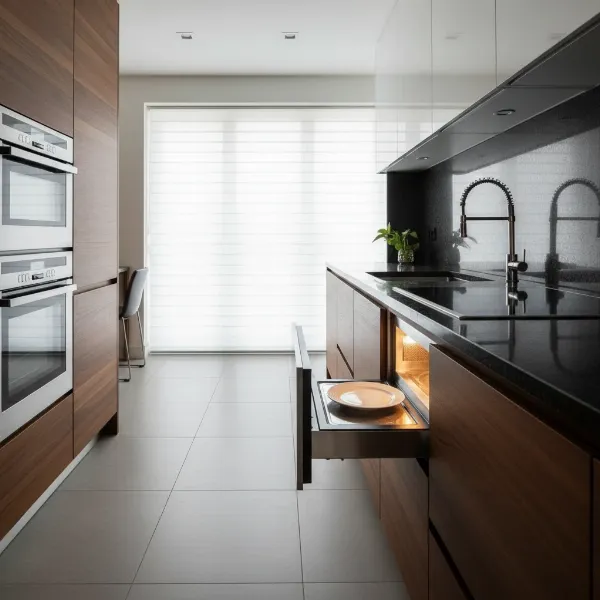 A close-up of an open drawer microwave in an elegant kitchen, showing ergonomic access.