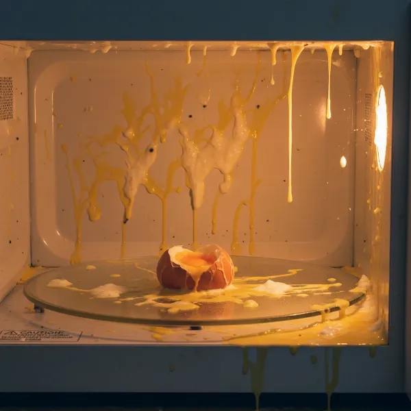 Inside a microwave after an egg exploded, messy yolk splattered everywhere.